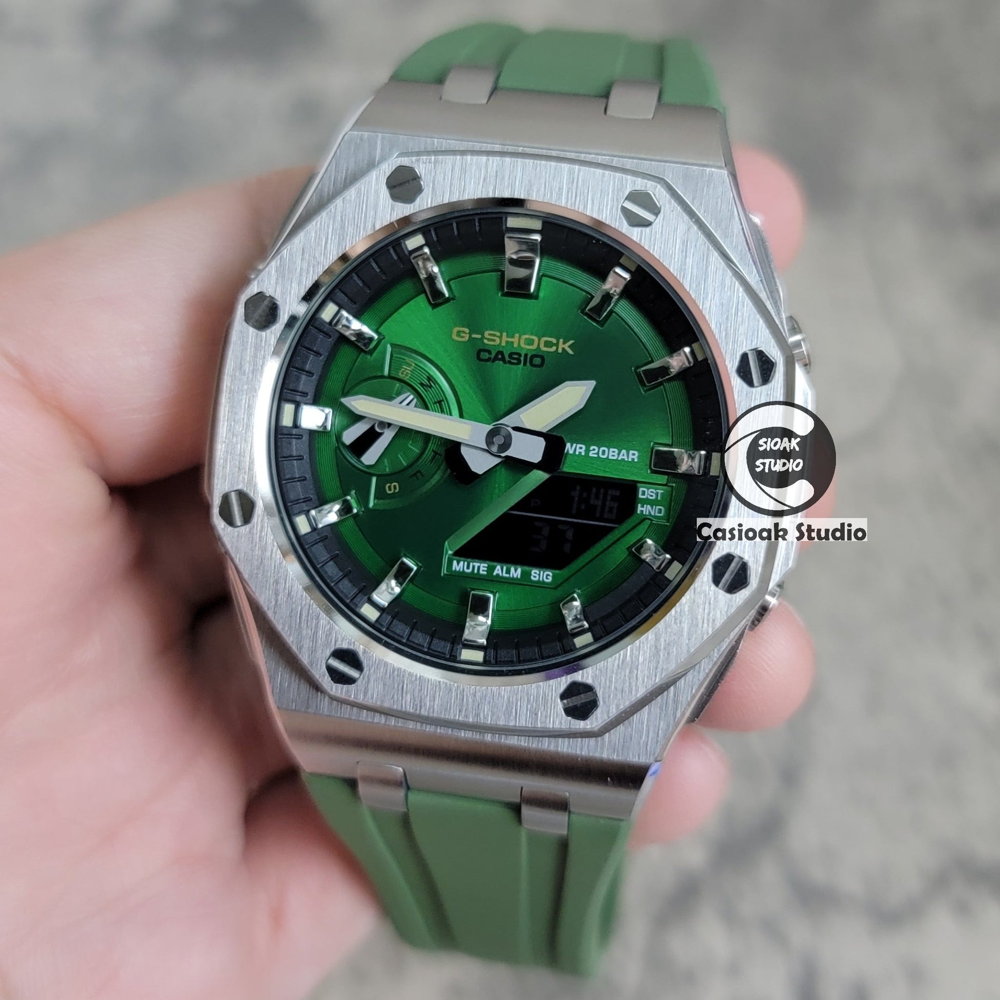 Casioak Mod Watch Offshore Superior Silver Case Green Rubber Strap Black Silver Time Mark Green Dial 44mm- Casioak Mod Casio G-Shock Royal Oak Custom Mens Luxury Watches Ga2100