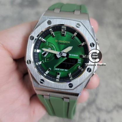 Casioak Mod Watch Offshore Superior Silver Case Green Rubber Strap Black Silver Time Mark Green Dial 44mm- Casioak Mod Casio G-Shock Royal Oak Custom Mens Luxury Watches Ga2100