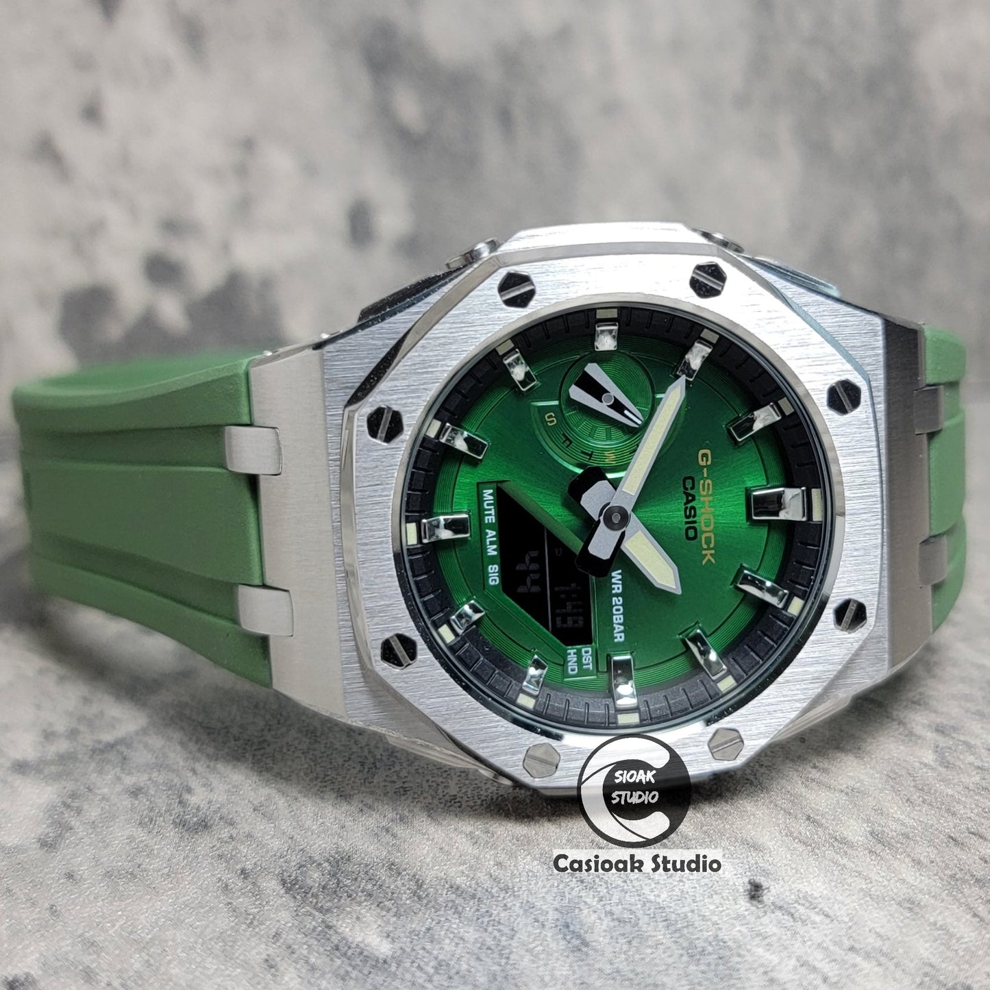 Casioak Mod Watch Offshore Superior Silver Case Green Rubber Strap Black Silver Time Mark Green Dial 44mm- Casioak Mod Casio G-Shock Royal Oak Custom Mens Luxury Watches Ga2100