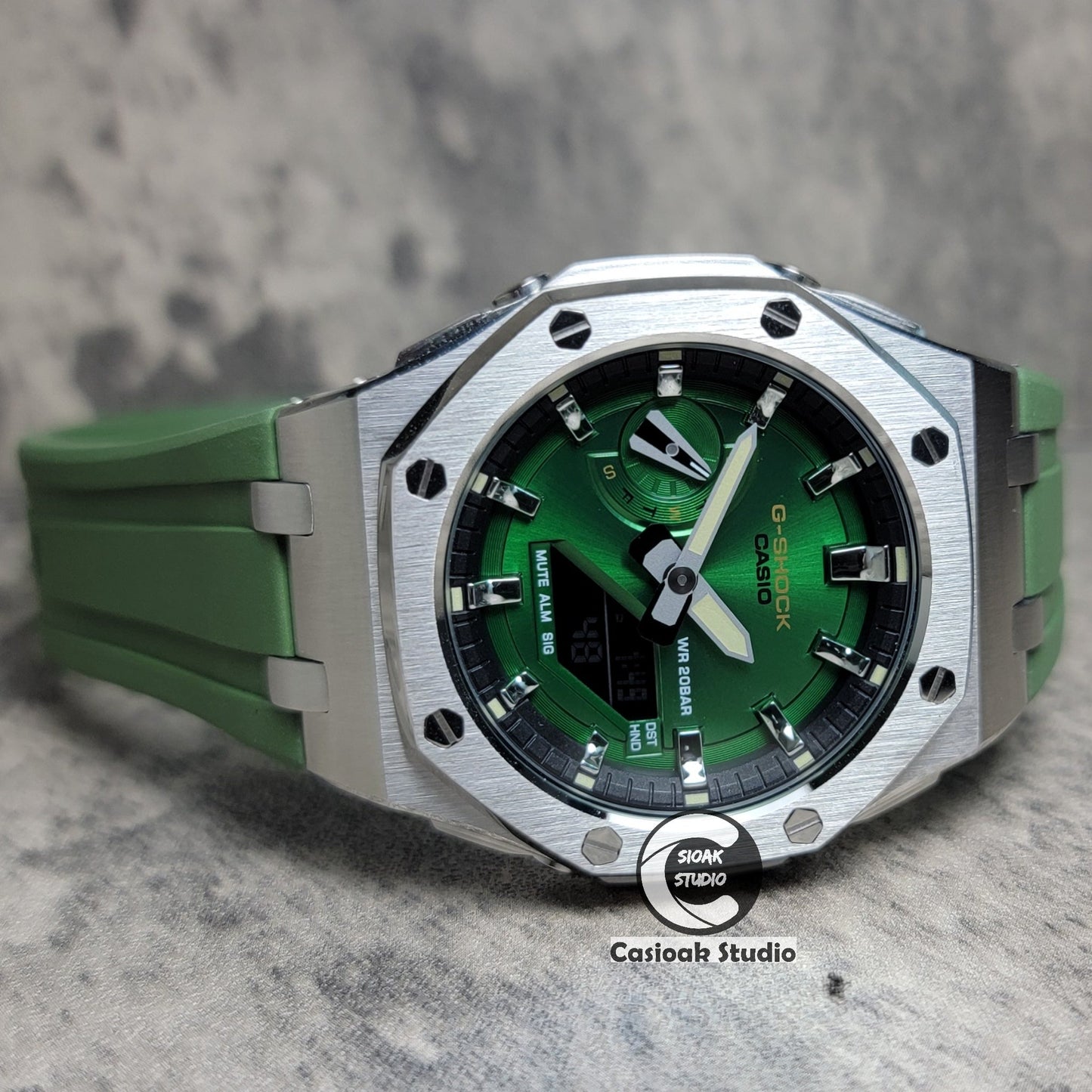 Casioak Mod Watch Offshore Superior Silver Case Green Rubber Strap Black Silver Time Mark Green Dial 44mm- Casioak Mod Casio G-Shock Royal Oak Custom Mens Luxury Watches Ga2100