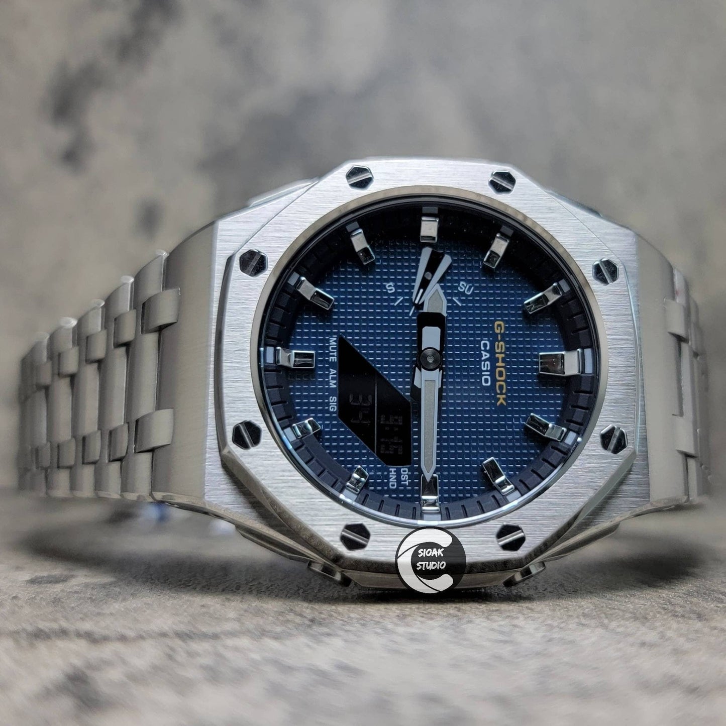 Casioak Mod Watch Offshore Superior Silver Case Metal Strap Blue Silver Time Mark Blue Waffle Dial 44mm- Casioak Mod Casio G-Shock Royal Oak Custom Mens Luxury Watches Ga2100