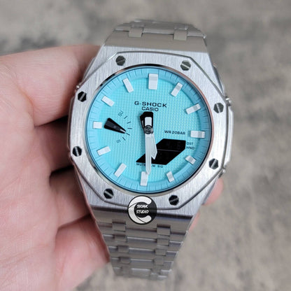 Casioak Mod Watch Offshore Superior Silver Case Metal Strap Tiff White Time Mark Tiff Blue Dial 44mm- Casioak Mod Casio G-Shock Royal Oak Custom Mens Luxury Watches Ga2100