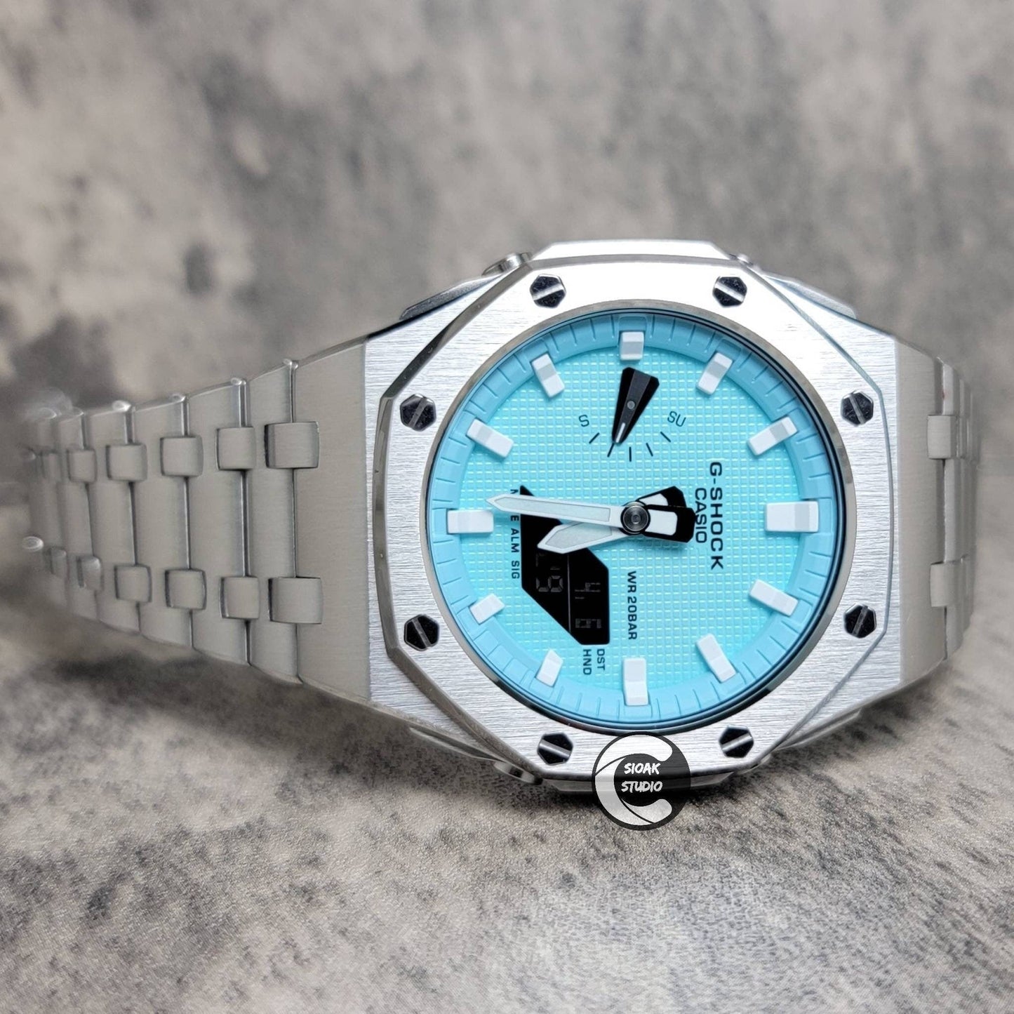 Casioak Mod Watch Offshore Superior Silver Case Metal Strap Tiff White Time Mark Tiff Blue Dial 44mm- Casioak Mod Casio G-Shock Royal Oak Custom Mens Luxury Watches Ga2100