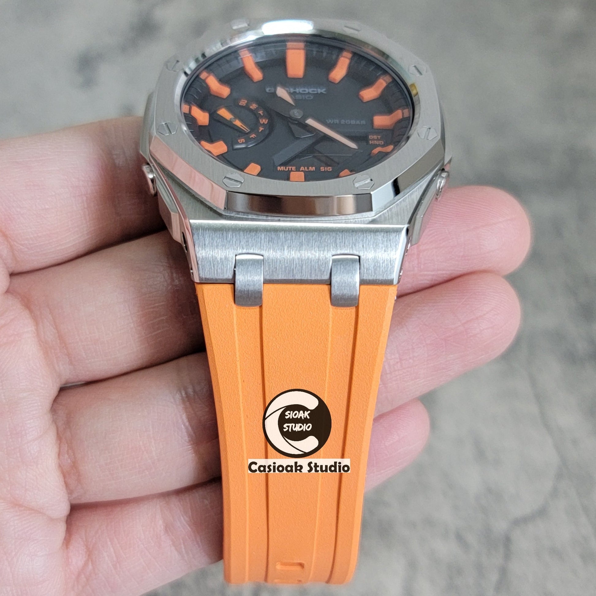 Casioak Mod Watch Offshore Superior Silver Case Orange Rubber Strap Black Orange Time Mark Black Dial 44mm- Casioak Mod Casio G-Shock Royal Oak Custom Mens Luxury Watches Ga2100