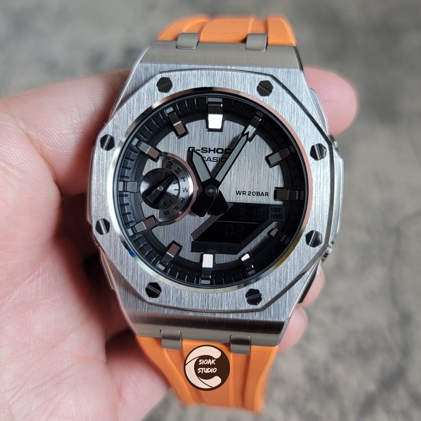 Casioak Mod Watch Offshore Superior Silver Case Orange Rubber Strap Gray Time Mark Gray Dial GM 44mm- Casioak Mod Casio G-Shock Royal Oak Custom Mens Luxury Watches Ga2100