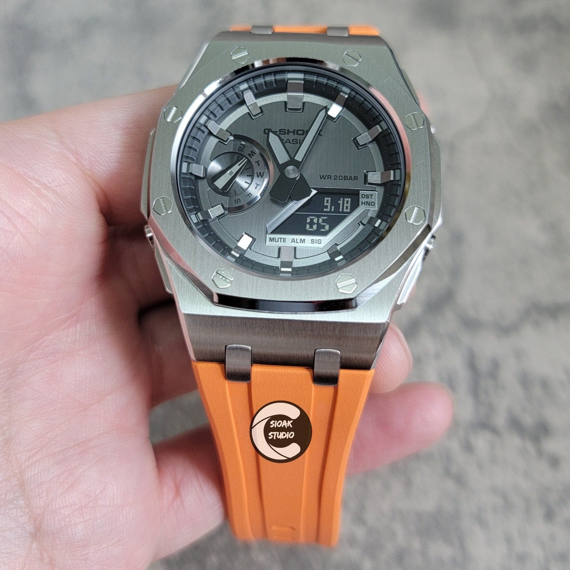 Casioak Mod Watch Offshore Superior Silver Case Orange Rubber Strap Gray Time Mark Gray Dial GM 44mm- Casioak Mod Casio G-Shock Royal Oak Custom Mens Luxury Watches Ga2100