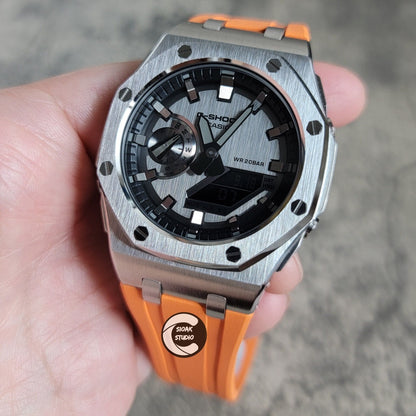 Casioak Mod Watch Offshore Superior Silver Case Orange Rubber Strap Gray Time Mark Gray Dial GM 44mm- Casioak Mod Casio G-Shock Royal Oak Custom Mens Luxury Watches Ga2100