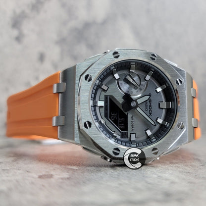 Casioak Mod Watch Offshore Superior Silver Case Orange Rubber Strap Gray Time Mark Gray Dial GM 44mm- Casioak Mod Casio G-Shock Royal Oak Custom Mens Luxury Watches Ga2100