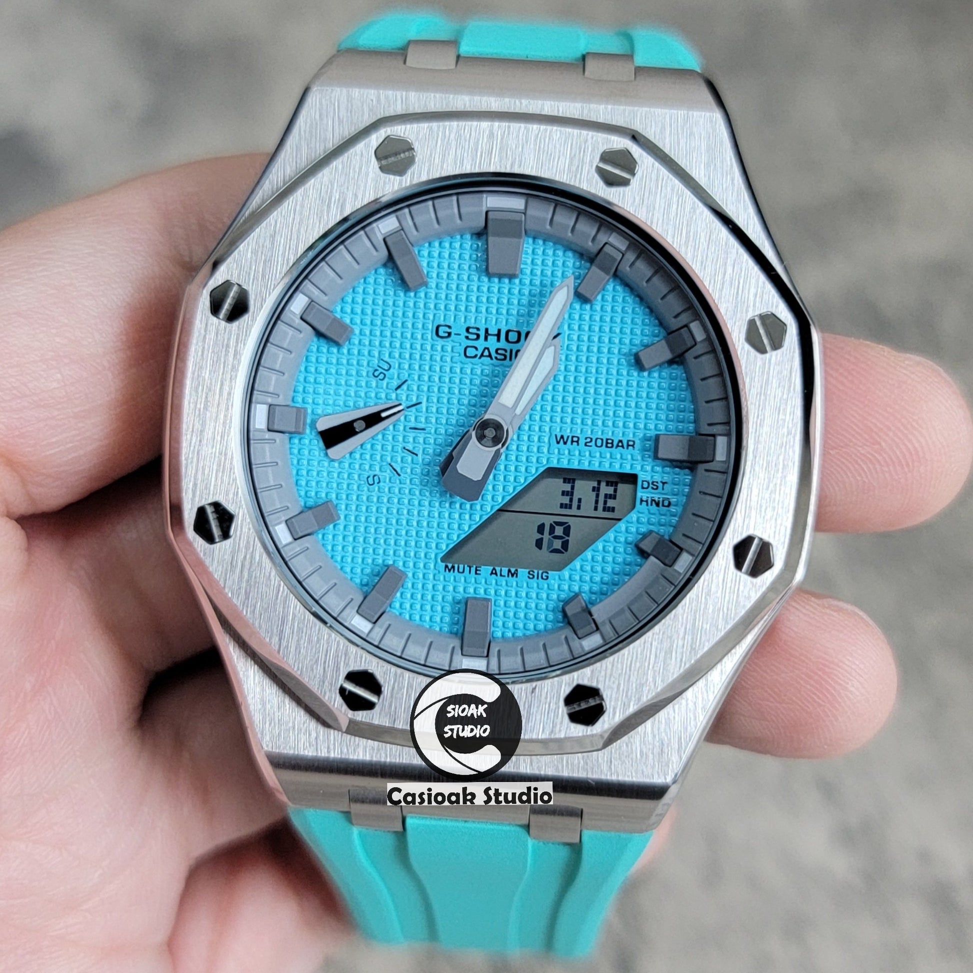 Casioak Mod Watch Offshore Superior Silver Case Tiff Rubber Strap Gray Time Mark Tiff Blue Dial 44mm- Casioak Mod Casio G-Shock Royal Oak Custom Mens Luxury Watches Ga2100