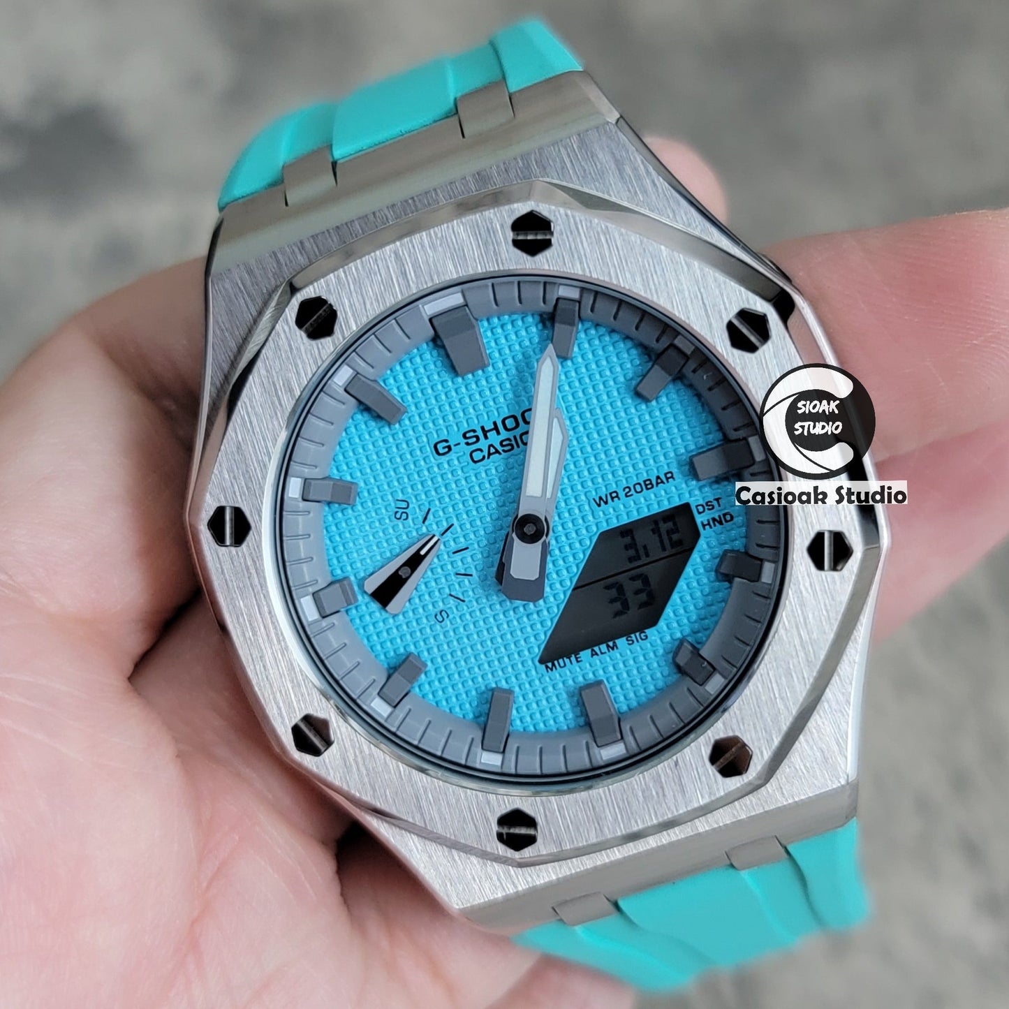 Casioak Mod Watch Offshore Superior Silver Case Tiff Rubber Strap Gray Time Mark Tiff Blue Dial 44mm- Casioak Mod Casio G-Shock Royal Oak Custom Mens Luxury Watches Ga2100