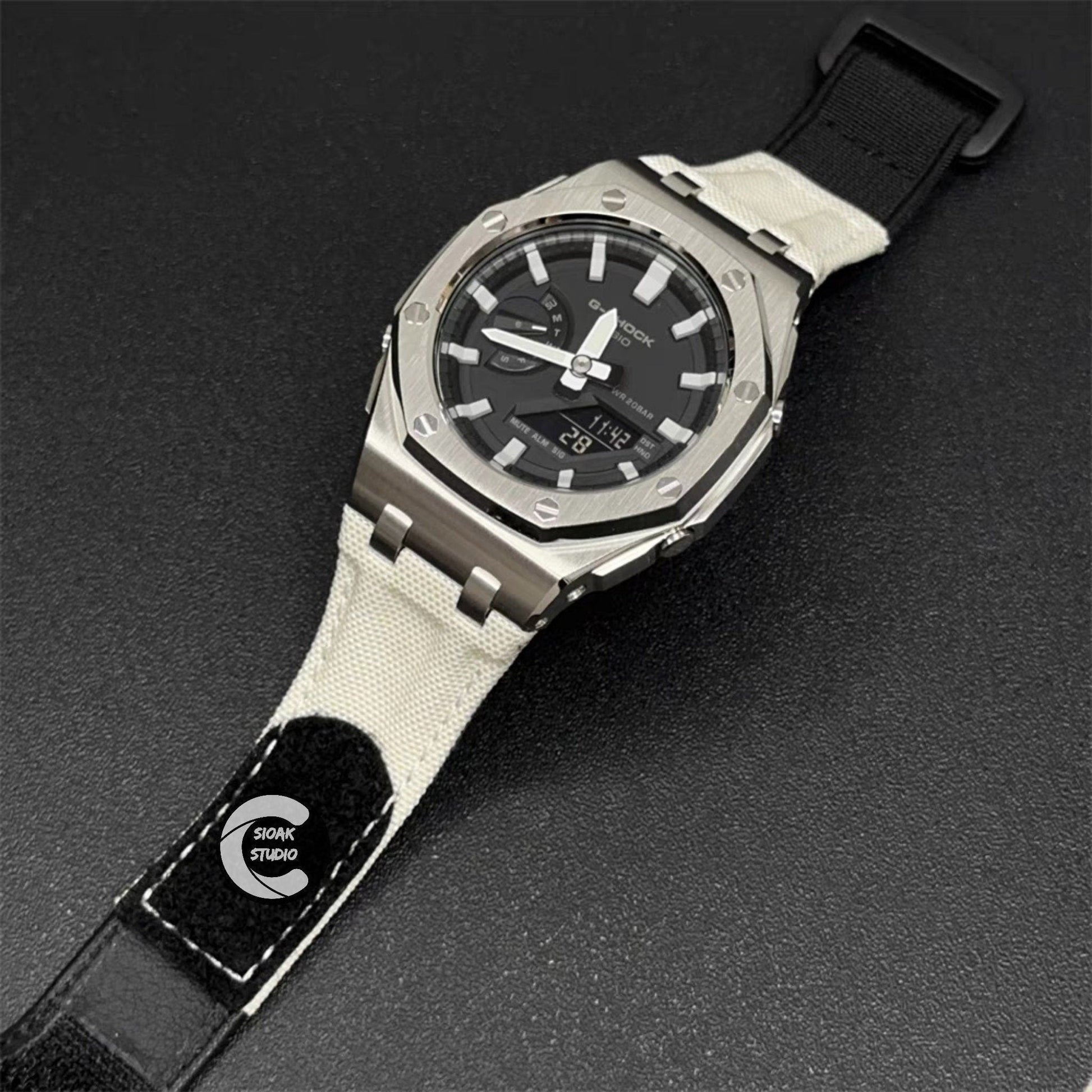 Casioak Mod Watch Offshore Superior Silver Case White Canvas Strap Black Time Mark Silver Dial 44mm- Casioak Mod Casio G-Shock Royal Oak Custom Mens Luxury Watches Ga2100