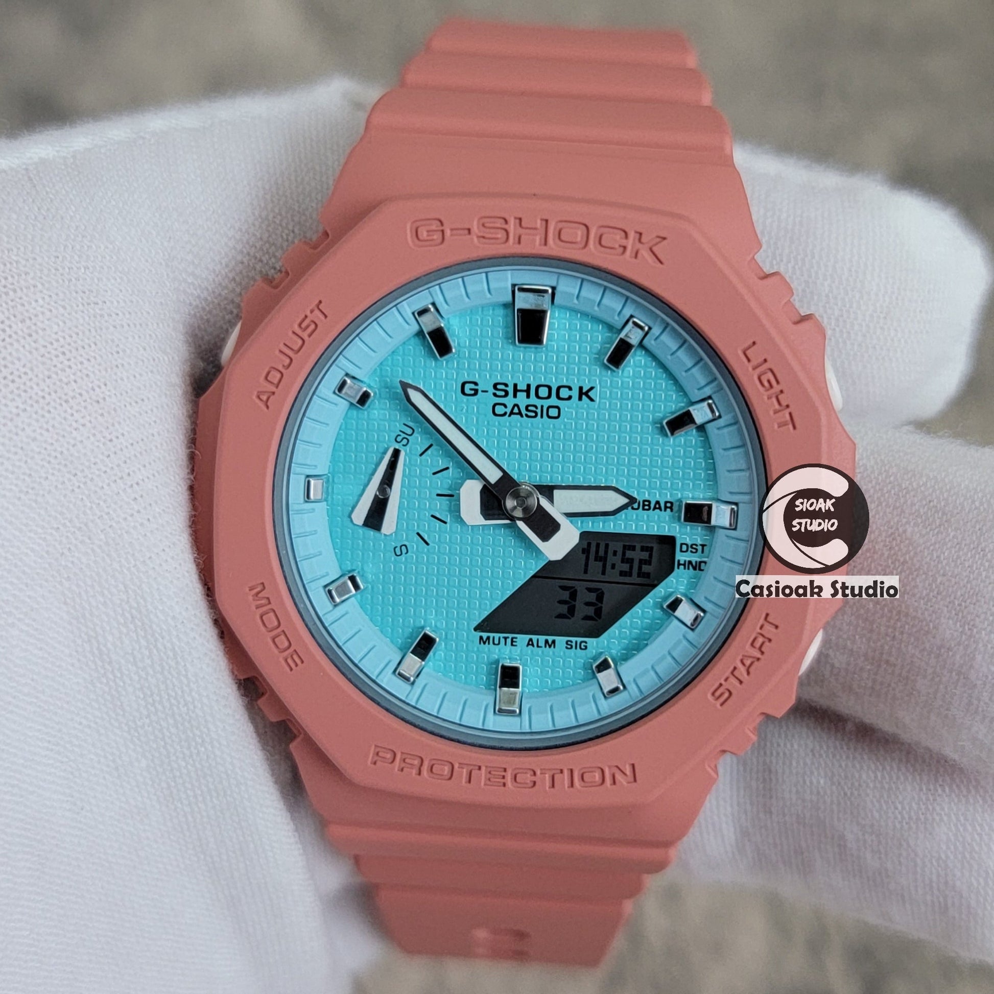 Casioak Mod Watch Pink Case Plastic Strap Tiff Silver Time Mark Tiff Blue Dial 42mm- Casioak Mod Casio G-Shock Royal Oak Custom Mens Luxury Watches Ga2100