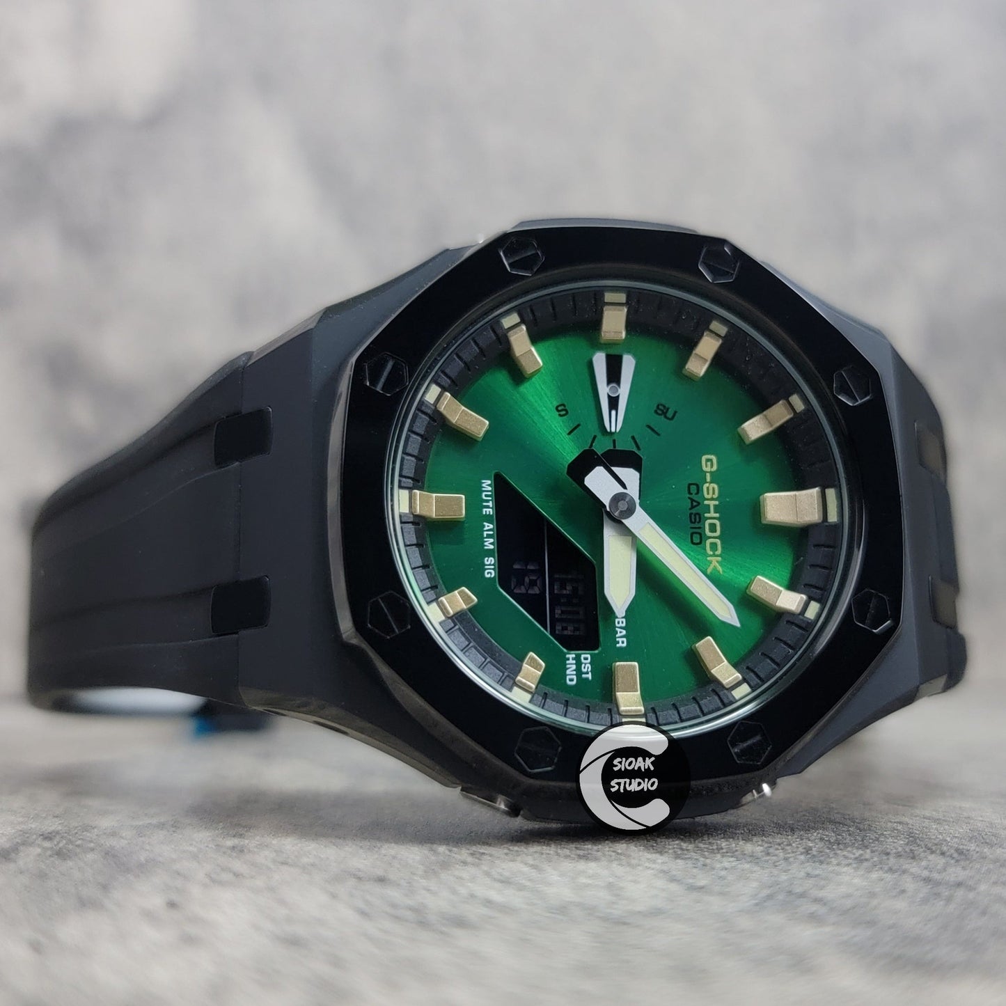 Casioak Mod Watch Polished Black Case Black Strap Black Gold Time Mark Green Dial 44mm- Casioak Mod Casio G-Shock Royal Oak Custom Mens Luxury Watches Ga2100