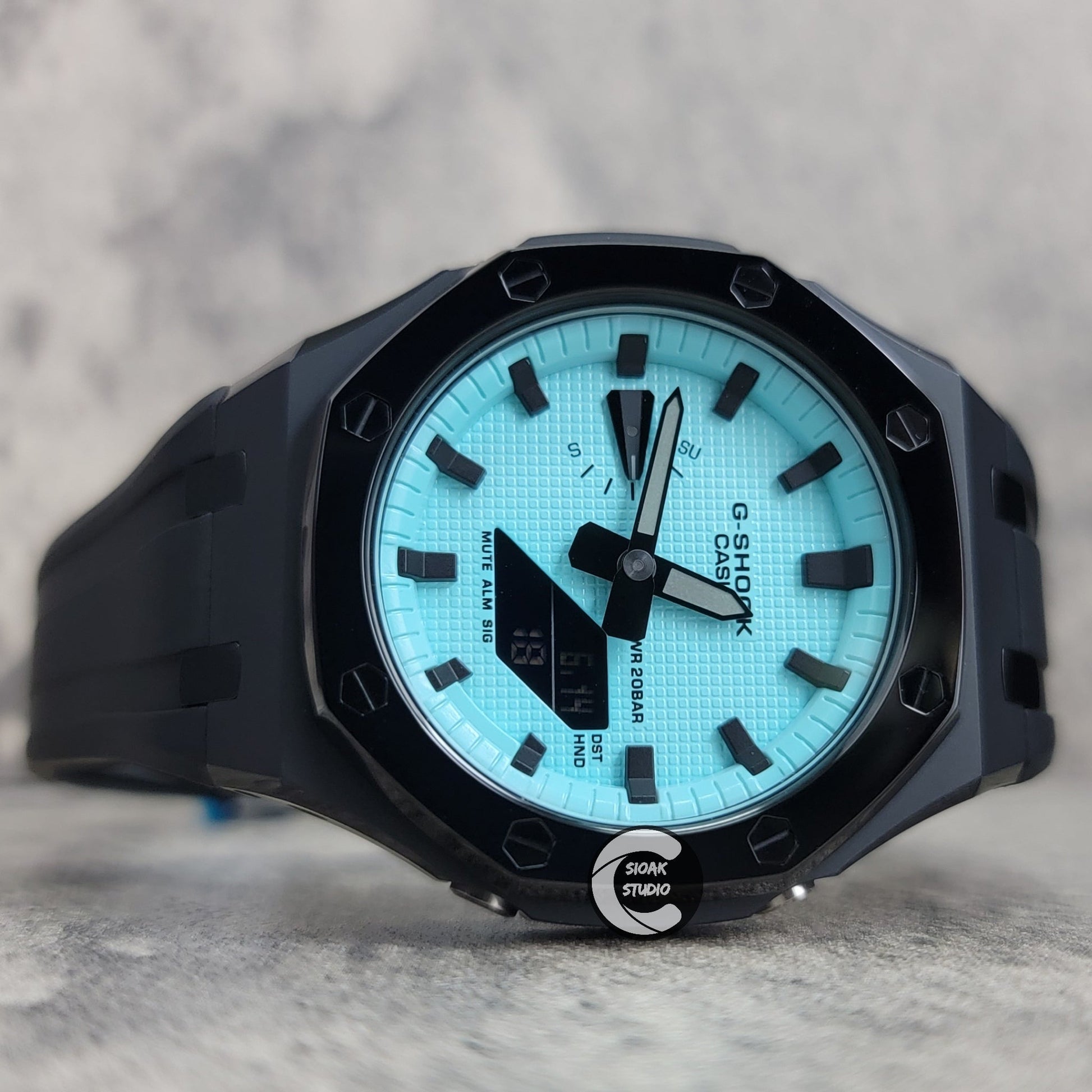 Casioak Mod Watch Polished Black Case Black Strap Blue Black Time Mark Black Dial 44mm- Casioak Mod Casio G-Shock Royal Oak Custom Mens Luxury Watches Ga2100