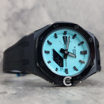 Casioak Mod Watch Polished Black Case Black Strap Blue Black Time Mark Black Dial 44mm- Casioak Mod Casio G-Shock Royal Oak Custom Mens Luxury Watches Ga2100