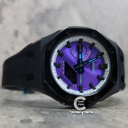 Casioak Mod Watch Polished Black Case Black Strap Silver Black Time Mark Purple Dial 44mm- Casioak Mod Casio G-Shock Royal Oak Custom Mens Luxury Watches Ga2100