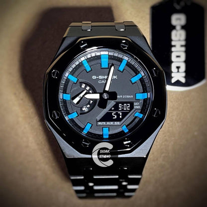 Casioak Mod Watch Polished Black Case Metal Strap Black Blue Time Mark Black Dial 44mm- Casioak Mod Casio G-Shock Royal Oak Custom Mens Luxury Watches Ga2100