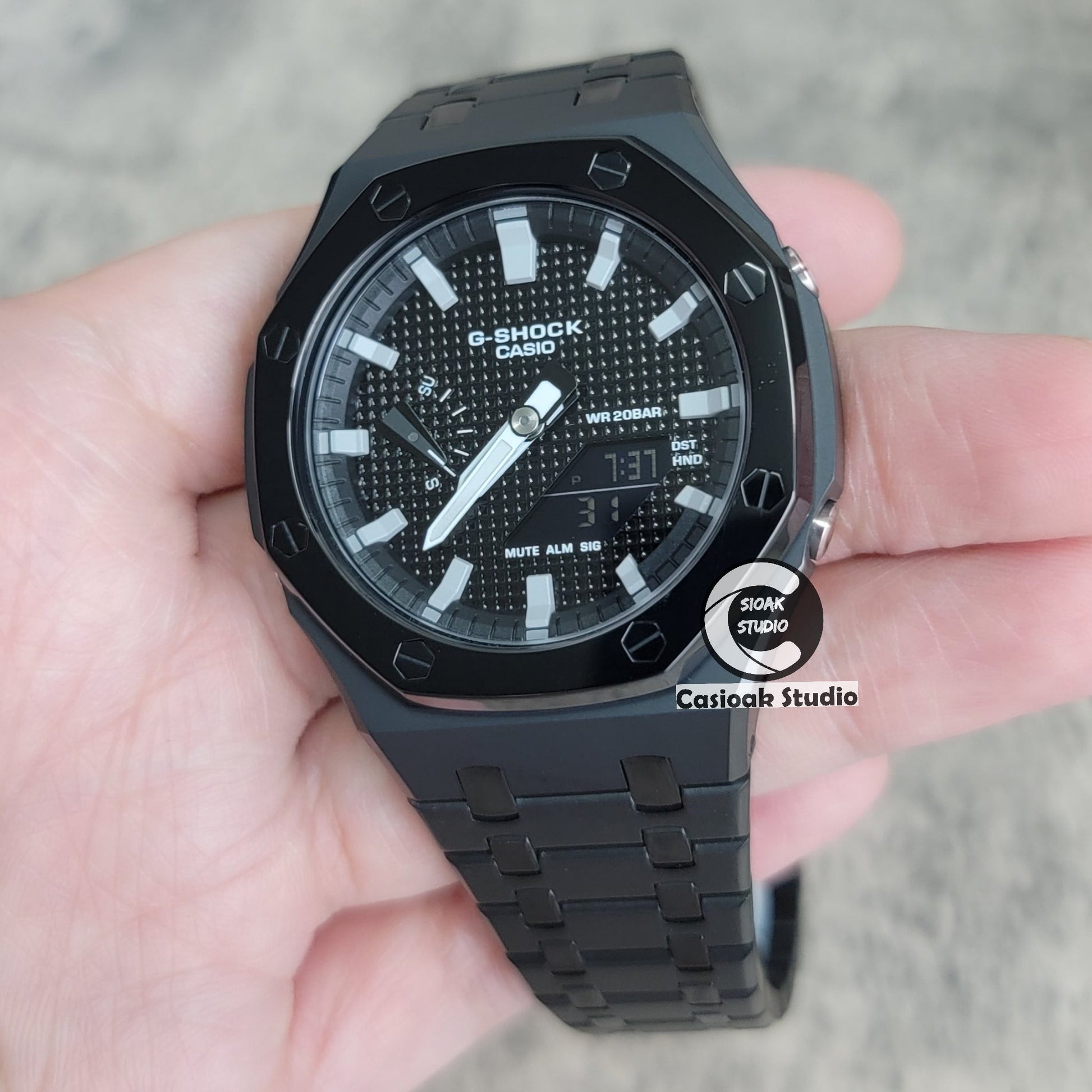 Casioak Mod Watch Polished Black Case Metal Strap Black Gray Time Mark Black Waffle Dial 44mm- Casioak Mod Casio G-Shock Royal Oak Custom Mens Luxury Watches Ga2100