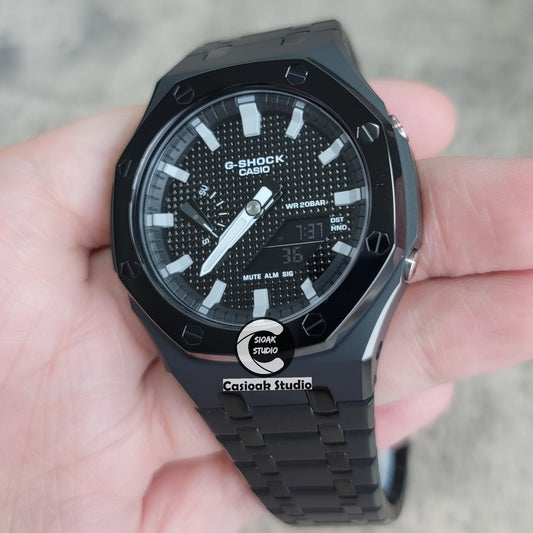 Casioak Mod Watch Polished Black Case Metal Strap Black Gray Time Mark Black Waffle Dial 44mm- Casioak Mod Casio G-Shock Royal Oak Custom Mens Luxury Watches Ga2100