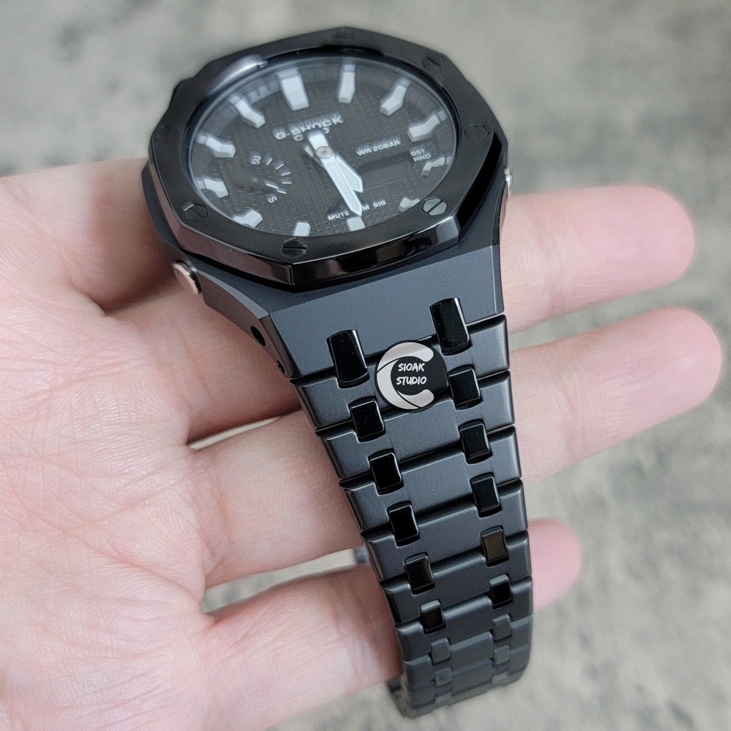 Casioak Mod Watch Polished Black Case Metal Strap Black Grey Time Mark Black Waffle Dial 44mm- Casioak Mod Casio G-Shock Royal Oak Custom Mens Luxury Watches Ga2100