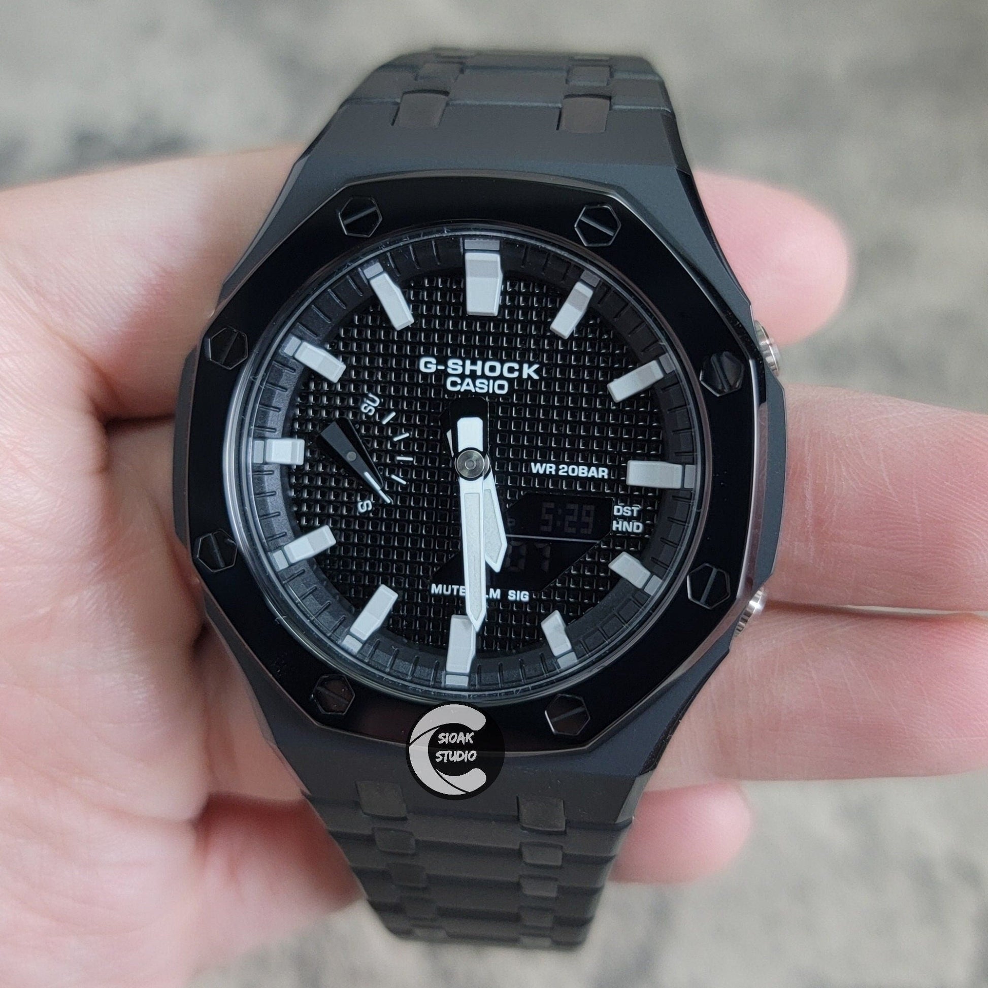 Casioak Mod Watch Polished Black Case Metal Strap Black Grey Time Mark Black Waffle Dial 44mm- Casioak Mod Casio G-Shock Royal Oak Custom Mens Luxury Watches Ga2100