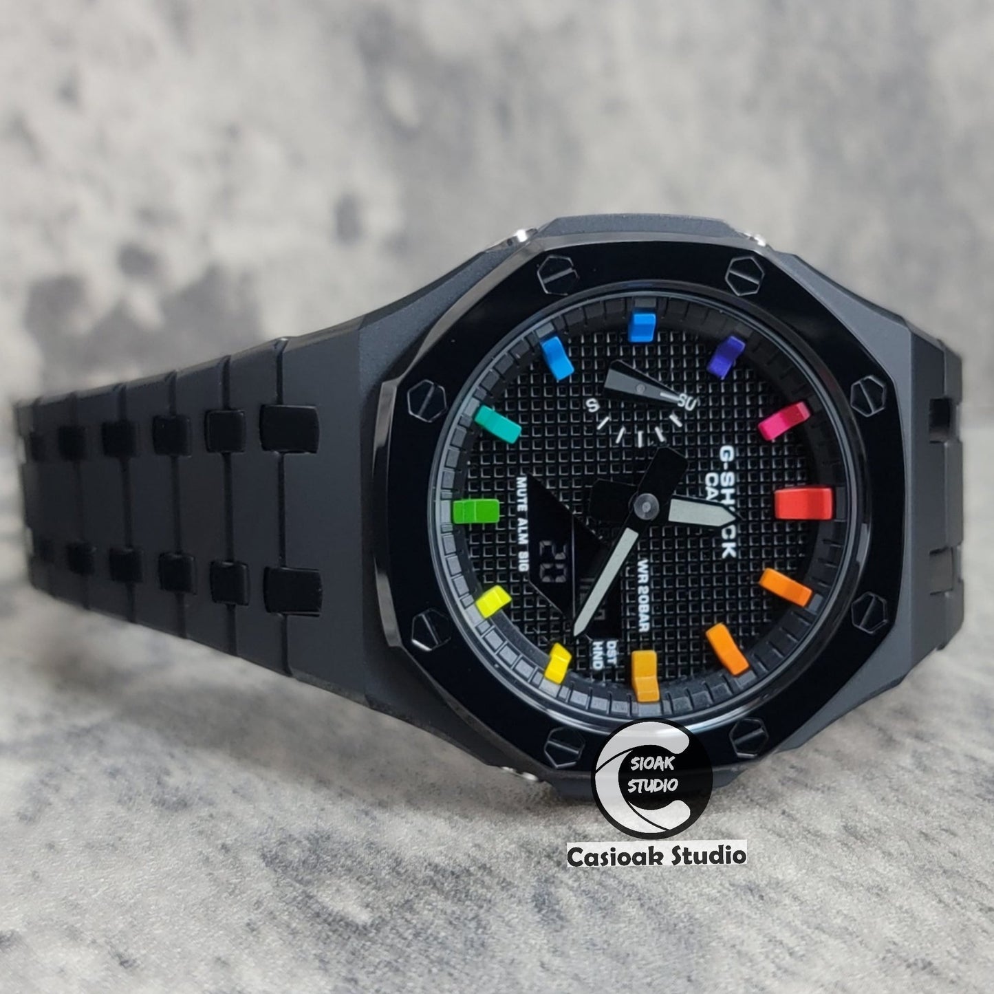 Casioak Mod Watch Polished Black Case Metal Strap Black Rainbow Time Mark Black Waffle Dial 44mm- Casioak Mod Casio G-Shock Royal Oak Custom Mens Luxury Watches Ga2100