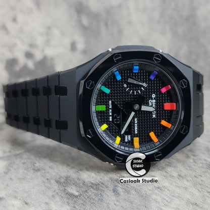 Casioak Mod Watch Polished Black Case Metal Strap Black Rainbow Time Mark Black Waffle Dial 44mm- Casioak Mod Casio G-Shock Royal Oak Custom Mens Luxury Watches Ga2100