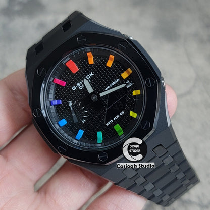 Casioak Mod Watch Polished Black Case Metal Strap Black Rainbow Time Mark Black Waffle Dial 44mm- Casioak Mod Casio G-Shock Royal Oak Custom Mens Luxury Watches Ga2100