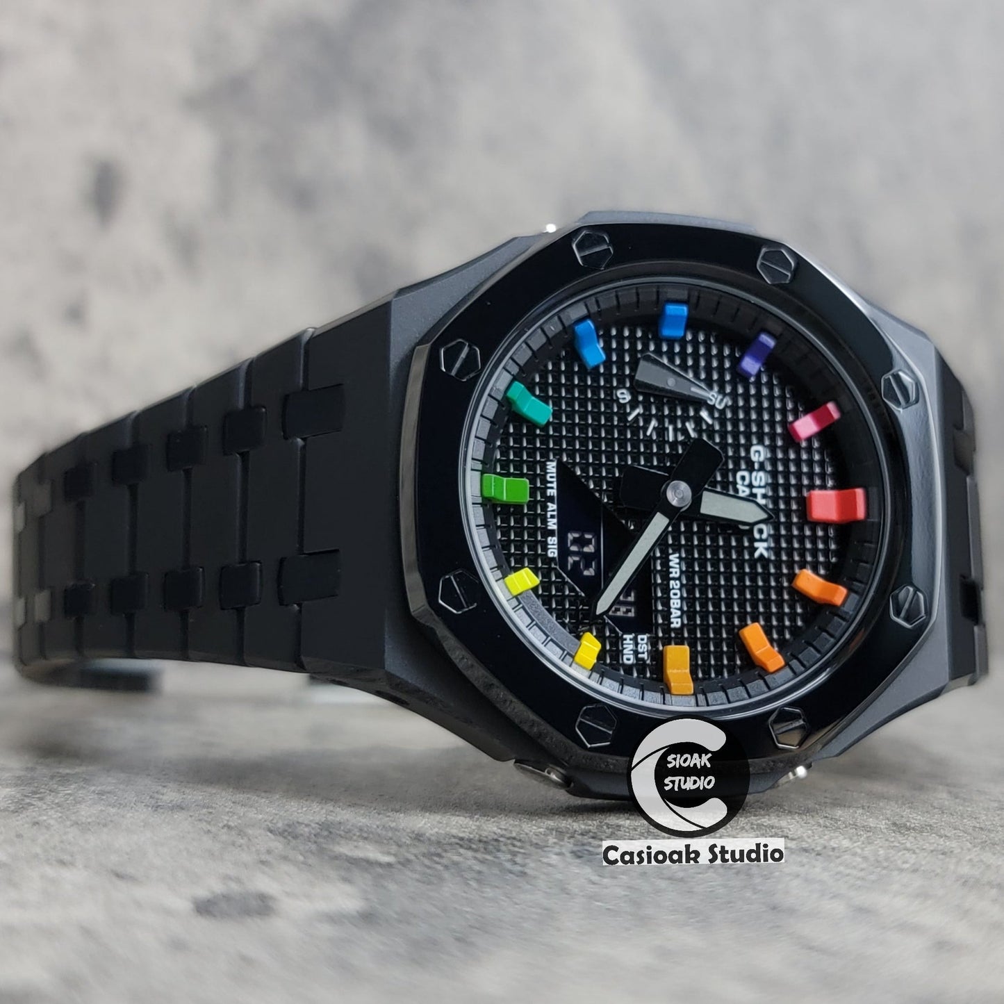 Casioak Mod Watch Polished Black Case Metal Strap Black Rainbow Time Mark Black Waffle Dial 44mm- Casioak Mod Casio G-Shock Royal Oak Custom Mens Luxury Watches Ga2100