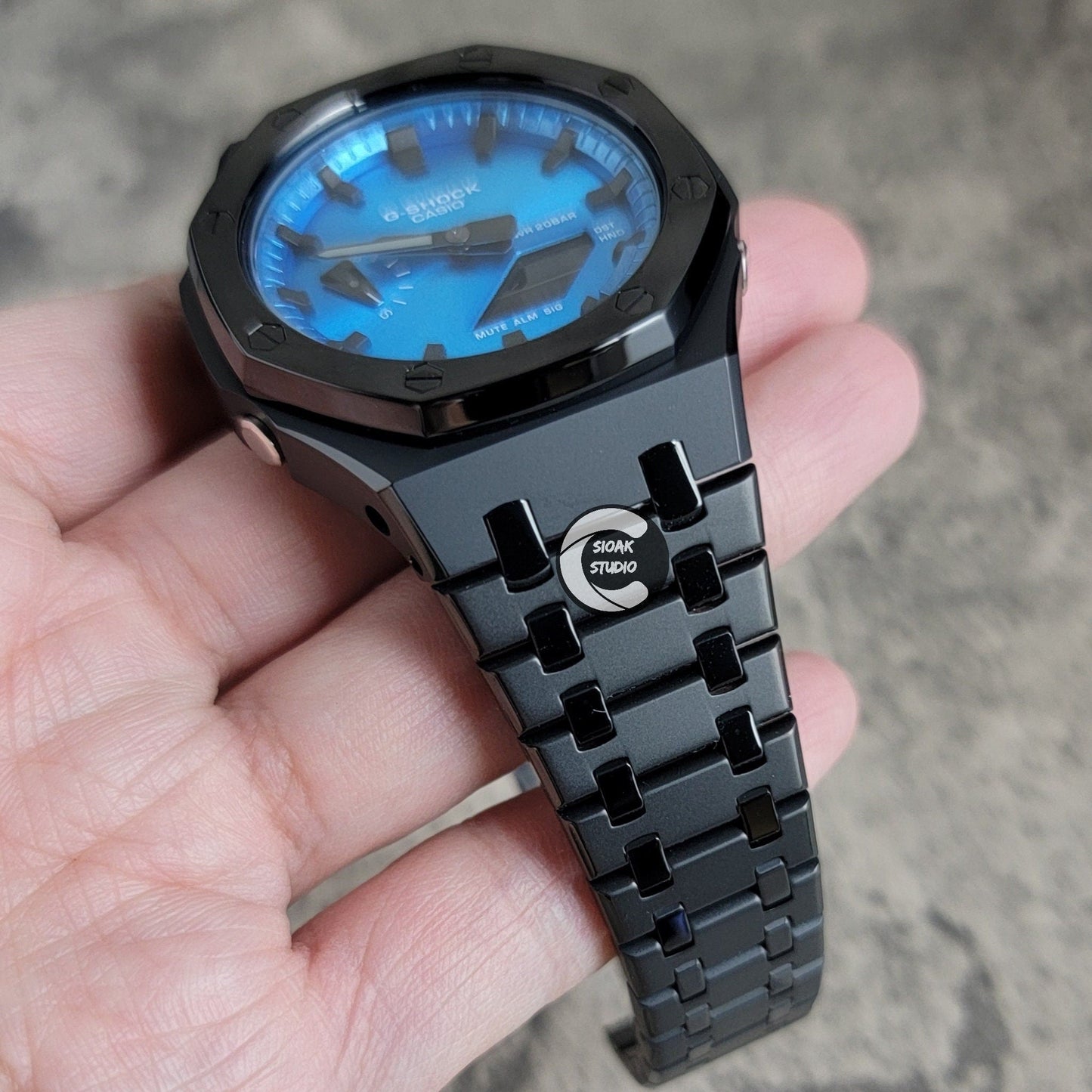 Casioak Mod Watch Polished Black Case Metal Strap Blue Black Time Mark Blue Metallic Dial 44mm- Casioak Mod Casio G-Shock Royal Oak Custom Mens Luxury Watches Ga2100