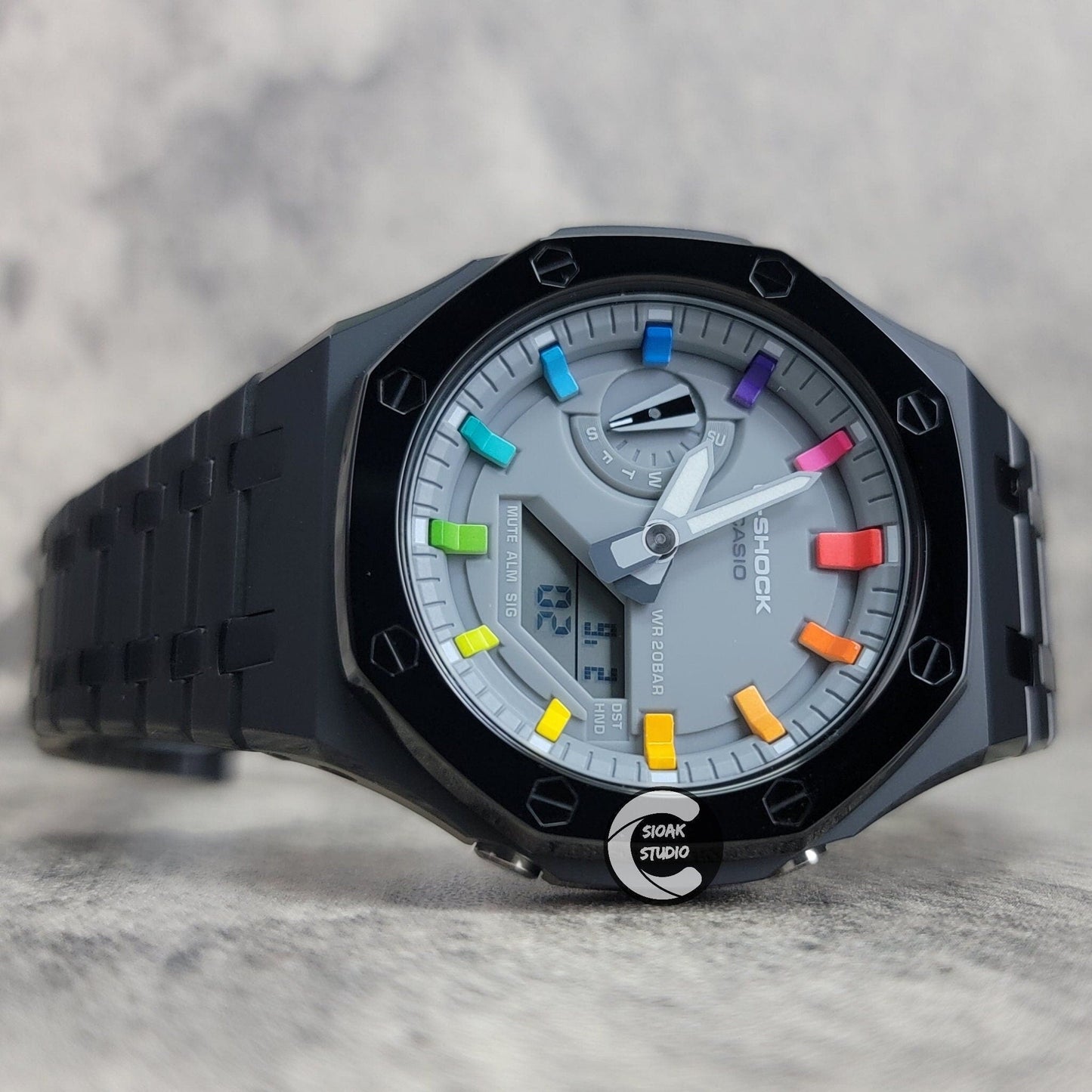 Casioak Mod Watch Polished Black Case Metal Strap Grey Rainbow Time Mark Gray Dial 44mm- Casioak Mod Casio G-Shock Royal Oak Custom Mens Luxury Watches Ga2100