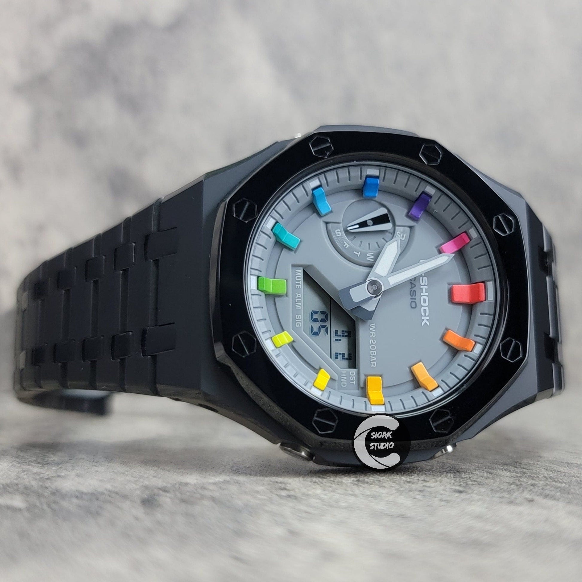 Casioak Mod Watch Polished Black Case Metal Strap Grey Rainbow Time Mark Gray Dial 44mm- Casioak Mod Casio G-Shock Royal Oak Custom Mens Luxury Watches Ga2100