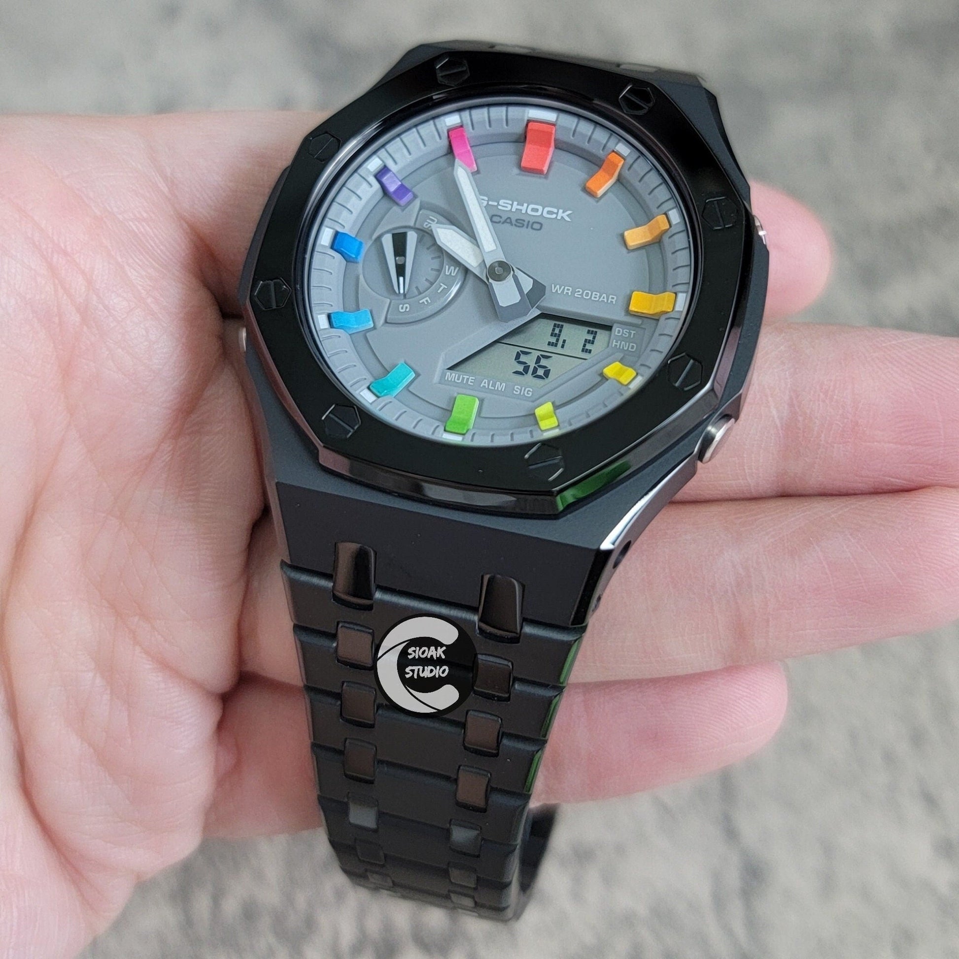 Casioak Mod Watch Polished Black Case Metal Strap Grey Rainbow Time Mark Gray Dial 44mm- Casioak Mod Casio G-Shock Royal Oak Custom Mens Luxury Watches Ga2100