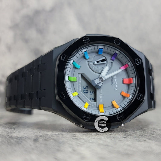 Casioak Mod Watch Polished Black Case Metal Strap Grey Rainbow Time Mark Gray Dial 44mm- Casioak Mod Casio G-Shock Royal Oak Custom Mens Luxury Watches Ga2100