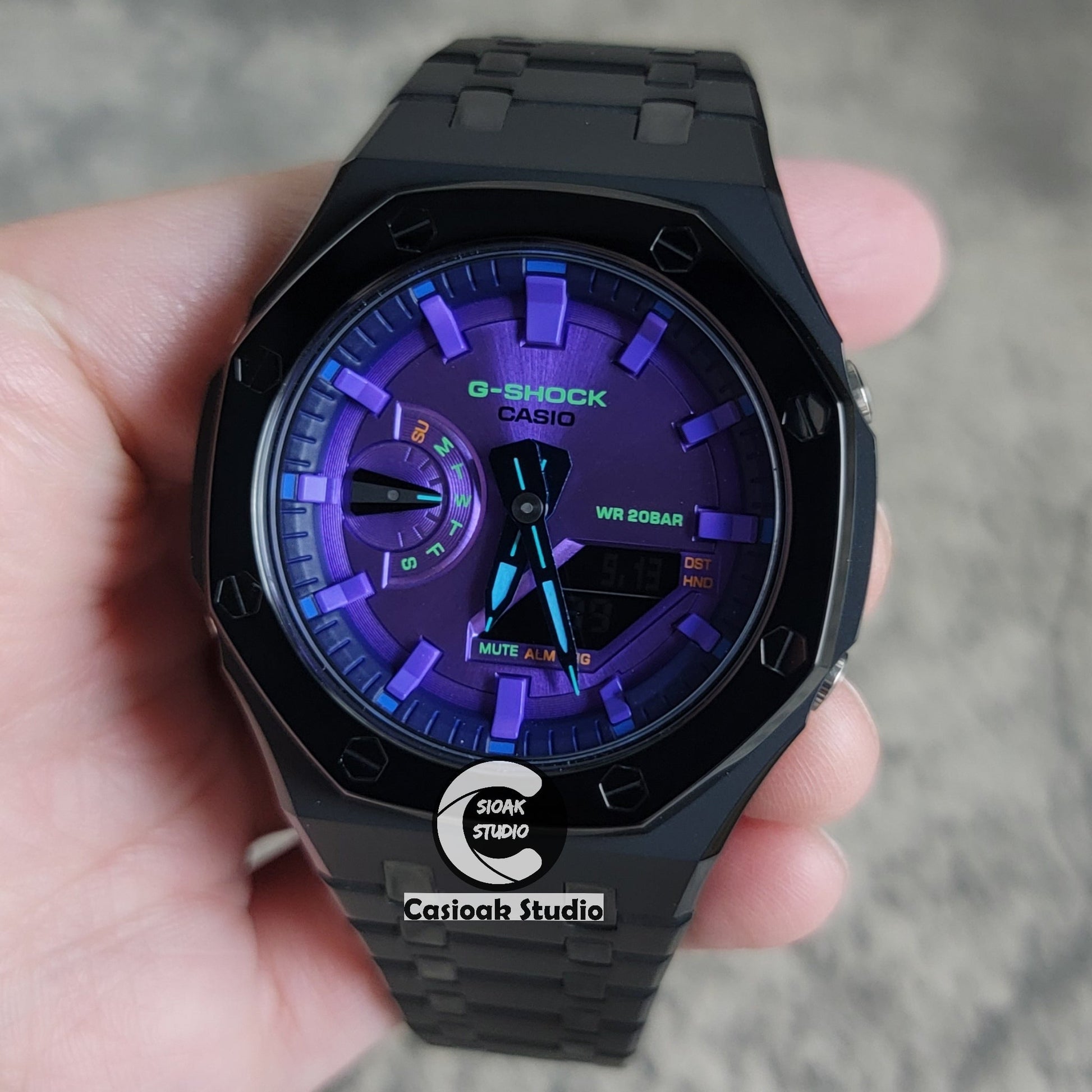 Casioak Mod Watch Polished Black Case Metal Strap Purple Time Mark Purple Dial 44mm- Casioak Mod Casio G-Shock Royal Oak Custom Mens Luxury Watches Ga2100