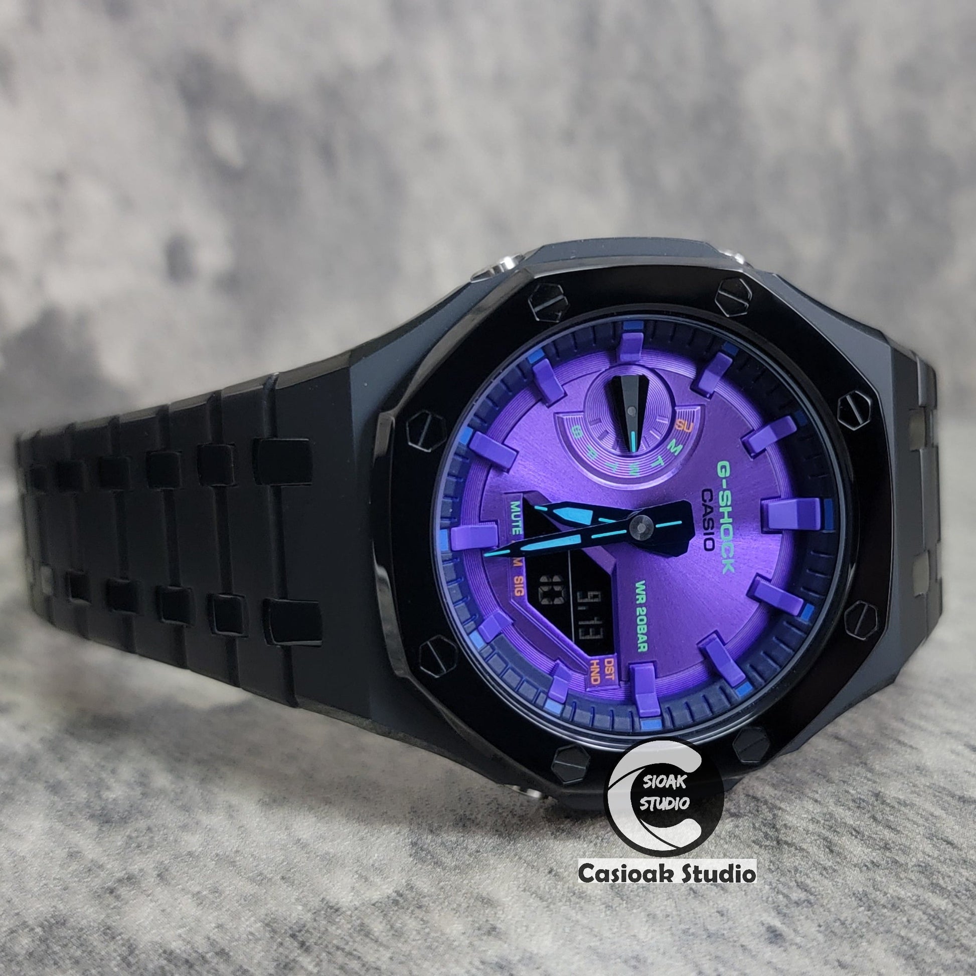 Casioak Mod Watch Polished Black Case Metal Strap Purple Time Mark Purple Dial 44mm- Casioak Mod Casio G-Shock Royal Oak Custom Mens Luxury Watches Ga2100