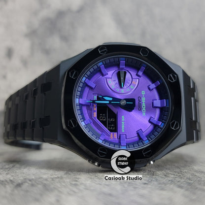 Casioak Mod Watch Polished Black Case Metal Strap Purple Time Mark Purple Dial 44mm- Casioak Mod Casio G-Shock Royal Oak Custom Mens Luxury Watches Ga2100