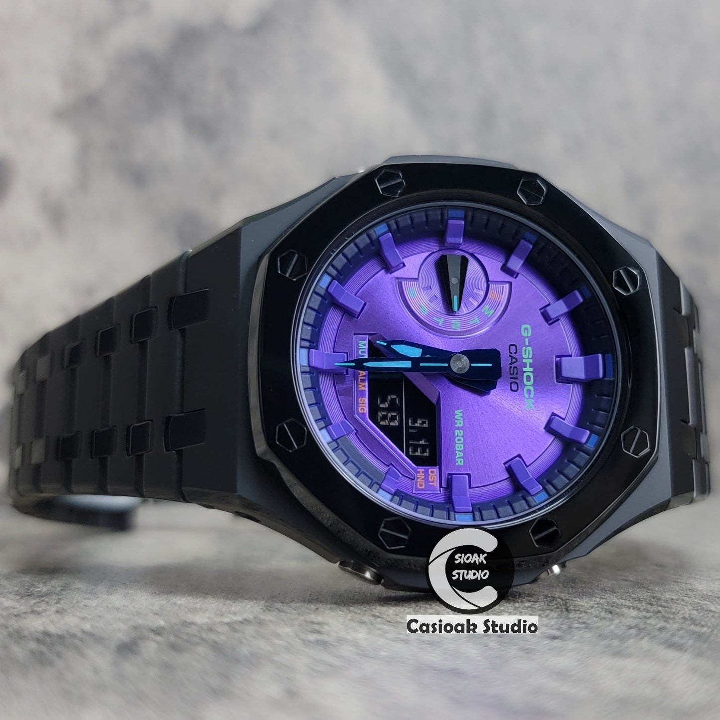 Casioak Mod Watch Polished Black Case Metal Strap Purple Time Mark Purple Dial 44mm- Casioak Mod Casio G-Shock Royal Oak Custom Mens Luxury Watches Ga2100