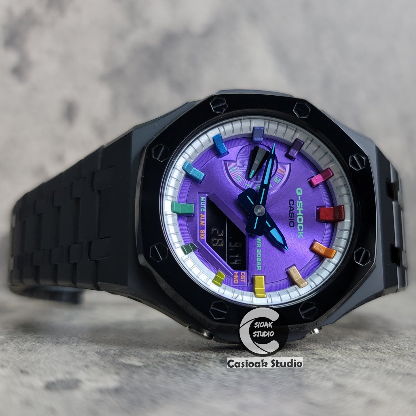 Casioak Mod Watch Polished Black Case Metal Strap Silver Rainbow Time Mark Purple Dial 44mm- Casioak Mod Casio G-Shock Royal Oak Custom Mens Luxury Watches Ga2100