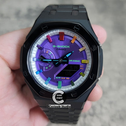 Casioak Mod Watch Polished Black Case Metal Strap Silver Rainbow Time Mark Purple Dial 44mm- Casioak Mod Casio G-Shock Royal Oak Custom Mens Luxury Watches Ga2100