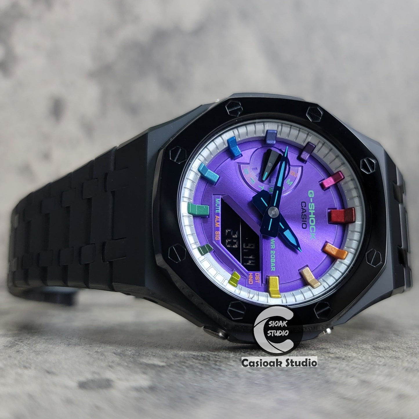 Casioak Mod Watch Polished Black Case Metal Strap Silver Rainbow Time Mark Purple Dial 44mm- Casioak Mod Casio G-Shock Royal Oak Custom Mens Luxury Watches Ga2100