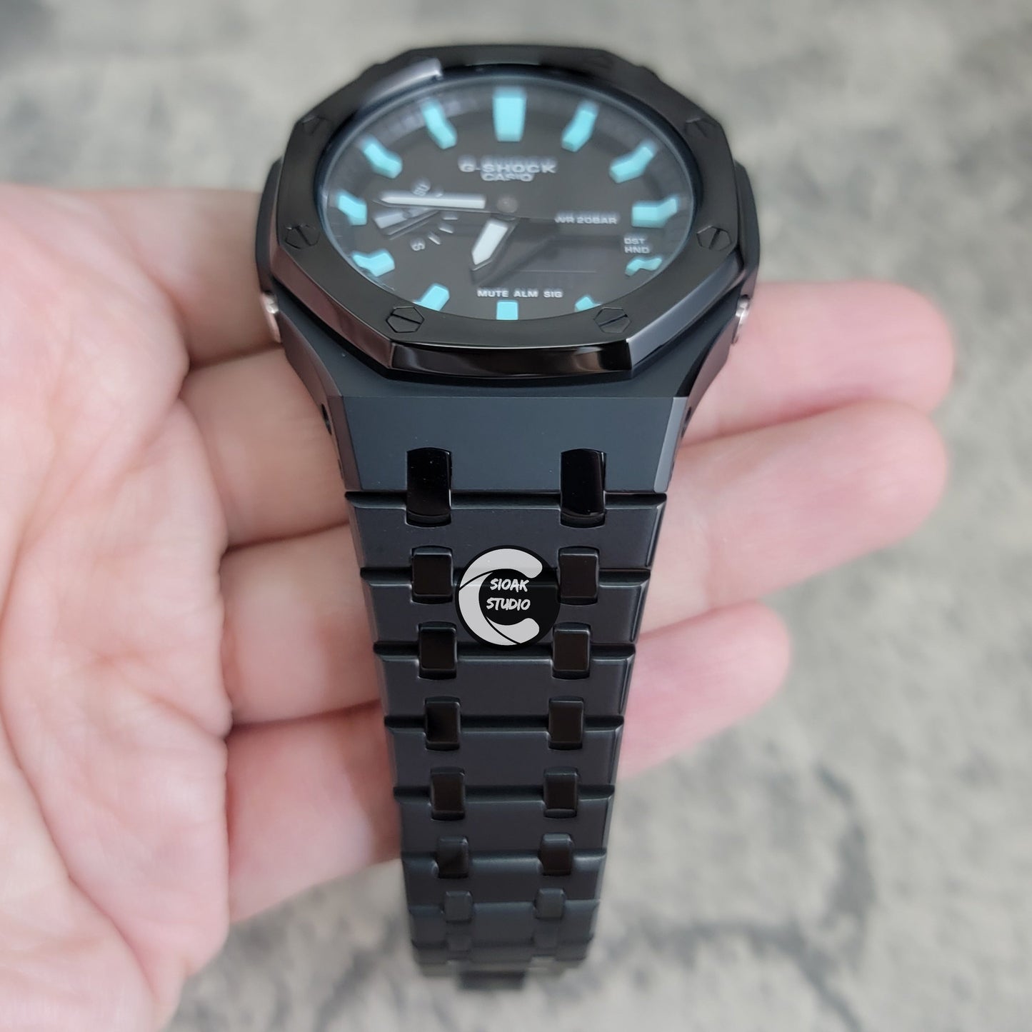 Casioak Mod Watch Polished Black Case Metal Strap Silver Time Mark Blue Dial 44mm- Casioak Mod Casio G-Shock Royal Oak Custom Mens Luxury Watches Ga2100