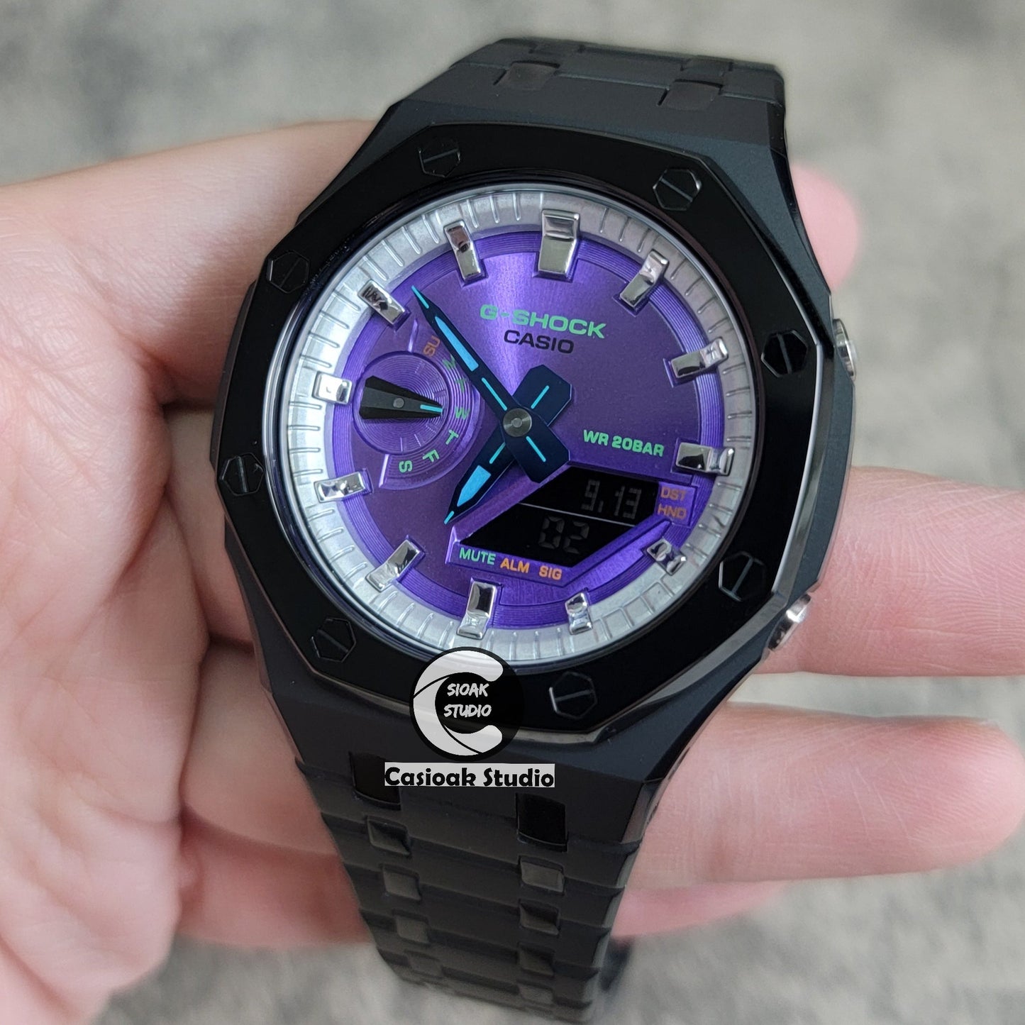 Casioak Mod Watch Polished Black Case Metal Strap Silver Time Mark Purple Dial 44mm- Casioak Mod Casio G-Shock Royal Oak Custom Mens Luxury Watches Ga2100