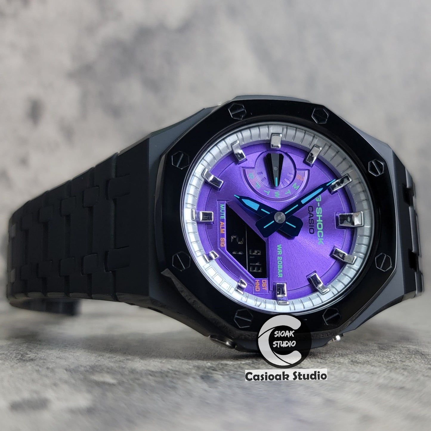 Casioak Mod Watch Polished Black Case Metal Strap Silver Time Mark Purple Dial 44mm- Casioak Mod Casio G-Shock Royal Oak Custom Mens Luxury Watches Ga2100