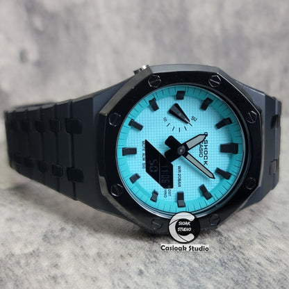 Casioak Mod Watch Polished Black Case Metal Strap Tiff Black Time Mark Tiff Blue Dial 44mm- Casioak Mod Casio G-Shock Royal Oak Custom Mens Luxury Watches Ga2100