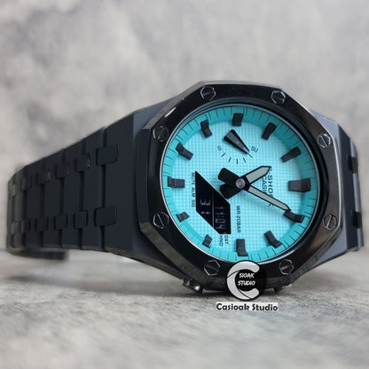 Casioak Mod Watch Polished Black Case Metal Strap Tiff Black Time Mark Tiff Blue Dial 44mm- Casioak Mod Casio G-Shock Royal Oak Custom Mens Luxury Watches Ga2100