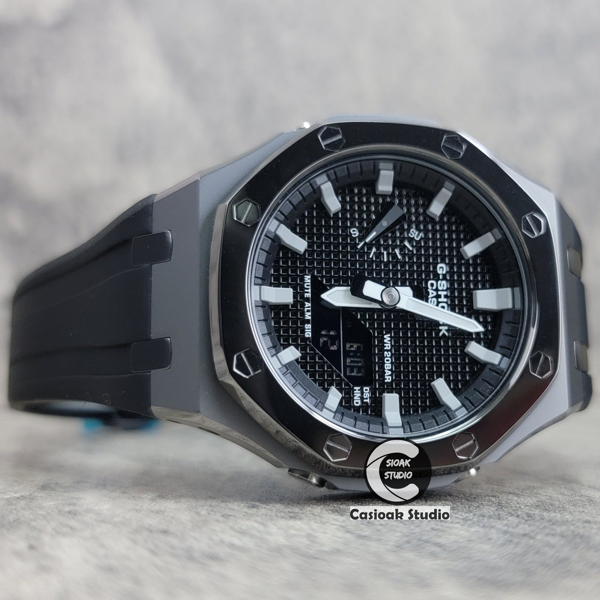 Casioak Mod Watch Polished Gray Case Black Strap Black Gray Time Mark Black Waffle Dial 44mm- Casioak Mod Casio G-Shock Royal Oak Custom Mens Luxury Watches Ga2100