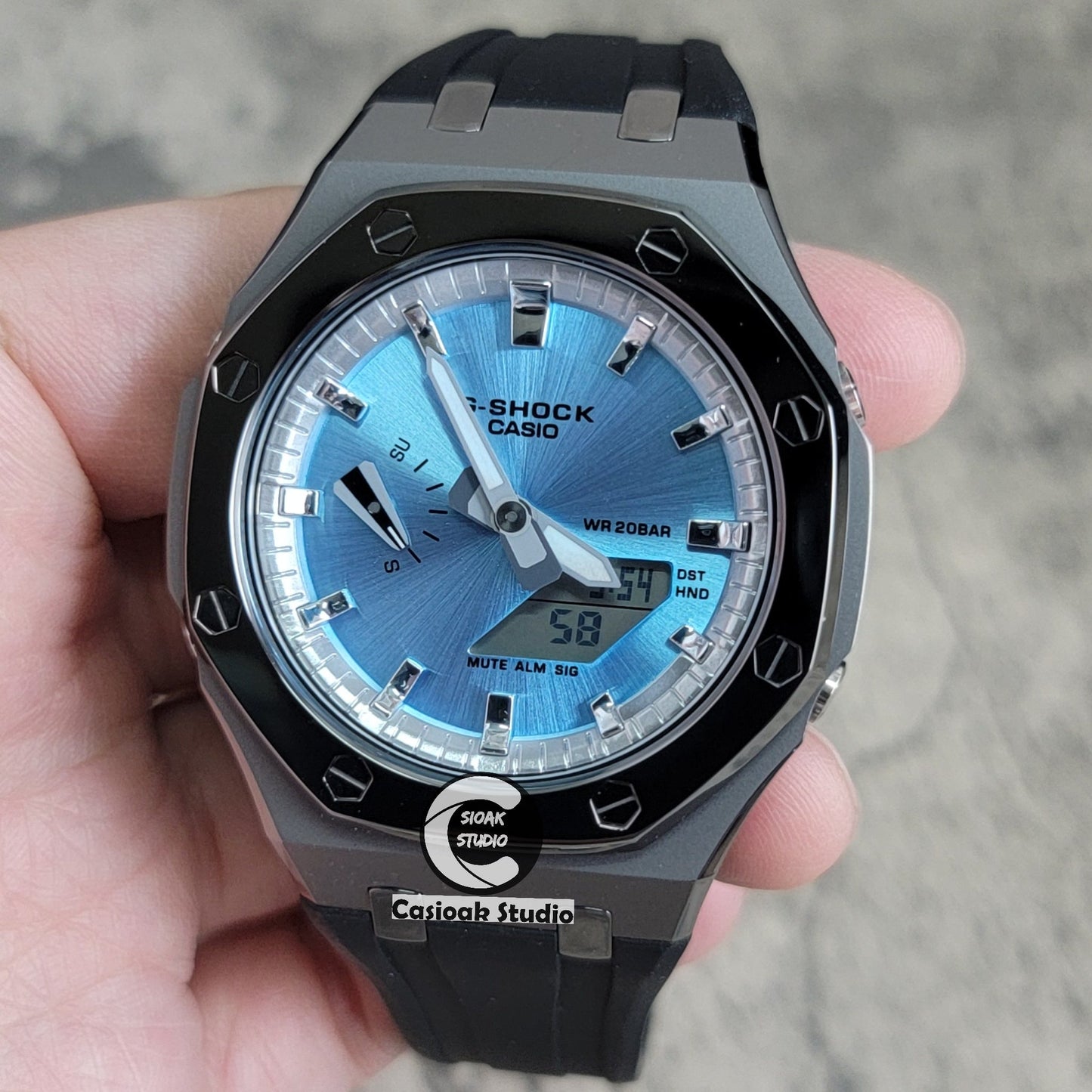 Casioak Mod Watch Polished Gray Case Black Strap Silver Time Mark Blue Dial 44mm- Casioak Mod Casio G-Shock Royal Oak Custom Mens Luxury Watches Ga2100