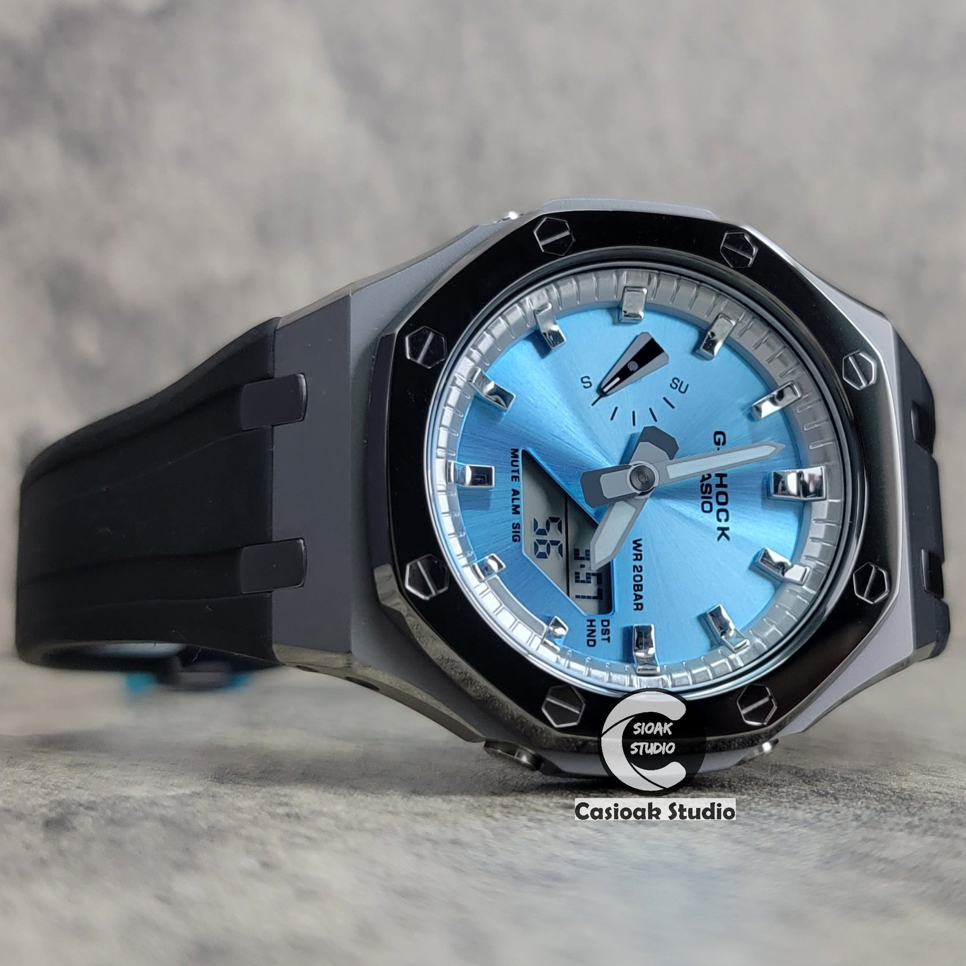 Casioak Mod Watch Polished Gray Case Black Strap Silver Time Mark Blue Dial 44mm- Casioak Mod Casio G-Shock Royal Oak Custom Mens Luxury Watches Ga2100