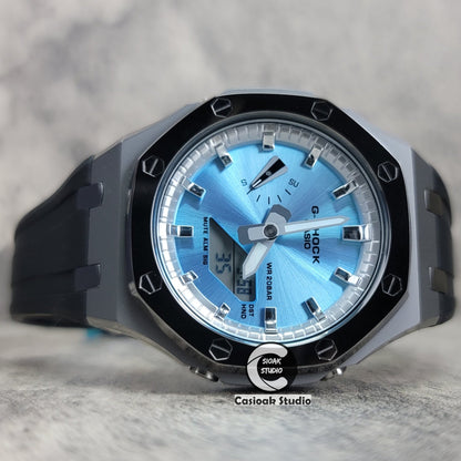 Casioak Mod Watch Polished Gray Case Black Strap Silver Time Mark Blue Dial 44mm- Casioak Mod Casio G-Shock Royal Oak Custom Mens Luxury Watches Ga2100